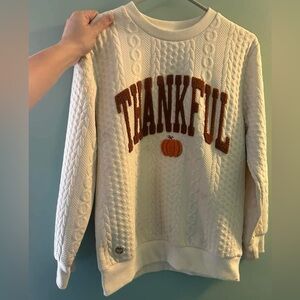 White Cable Knit Sweater with Thankful Design